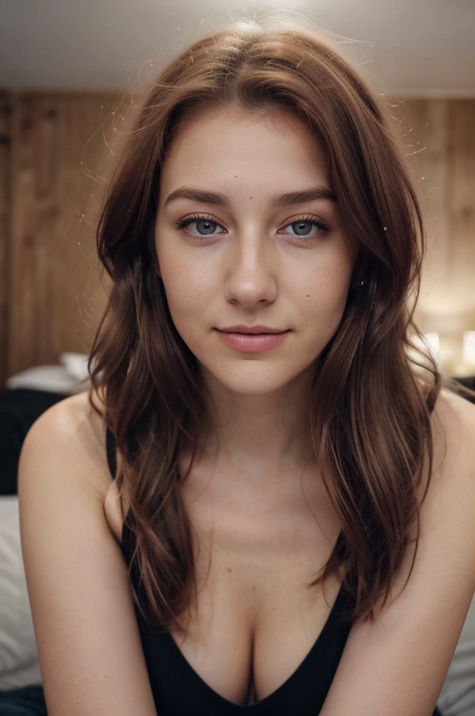 there is a woman sitting on a bed in a black bra, cute freckles, small freckles, soft freckles, freckled pale skin, with freckles, light cute freckles, freckled, sexy look at the camera, rosy cheeks with freckles, with pale skin, hint of freckles, lovingly looking at camera, freckles, bedroom eyes, with green eyes