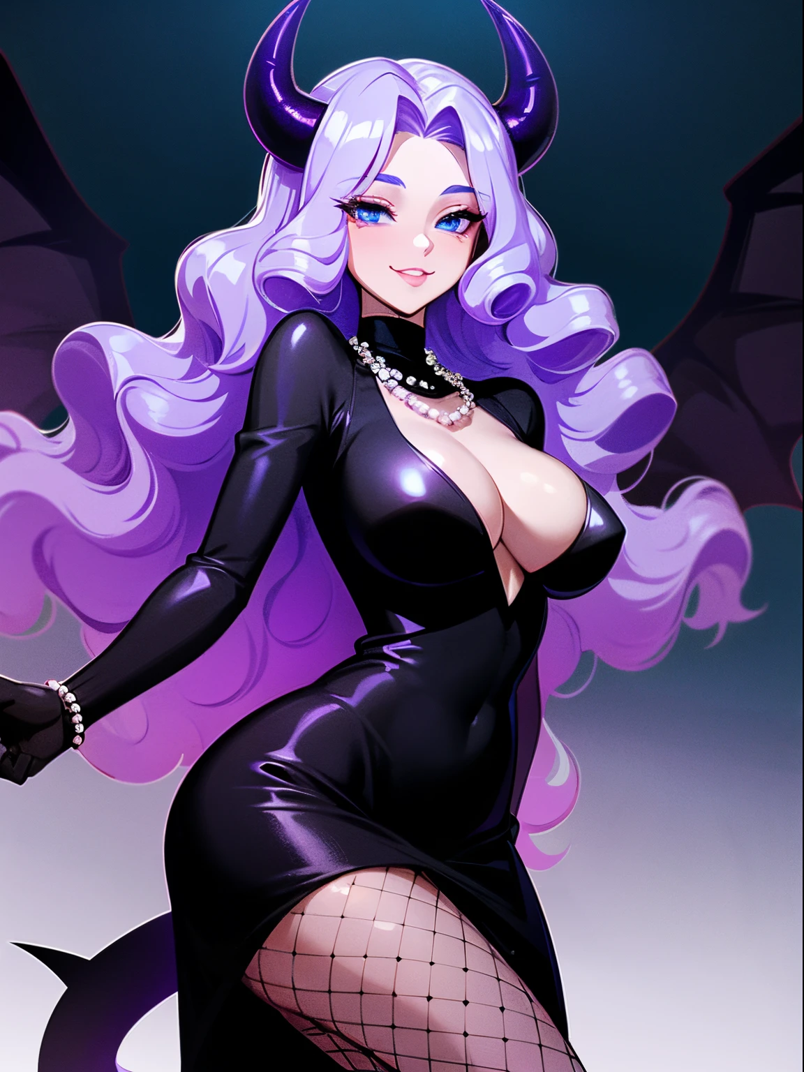 A beautiful and sexy woman with long wavy violet hair, drill curls, side-swept bangs, sharp blue eyes, light skin, smile, wearing a tight sparkly black dress, fishnet stockings and pearl necklace, there's two black devil horns on her head, and she also has a black devil tail and black demon wings, she's standing in the city at nighttime