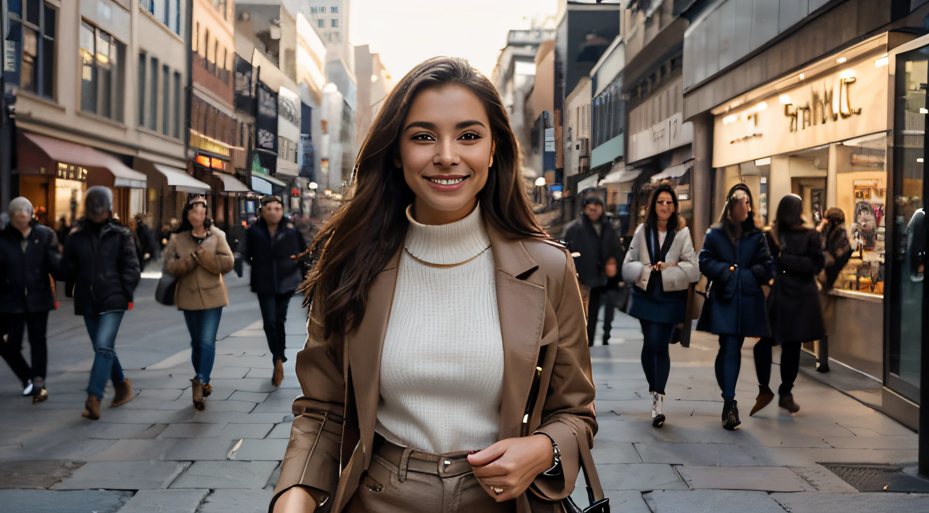 A imagem mostra uma mulher elegante e confiante passeando por uma rua urbana da cidade. She is elegantly dressed in a beige coat paired with jeans and carries a white bag. His expression is one of happiness, evidente pelo seu comportamento sorridente. Como foco central da cena, her attire and posture radiate a sense of self-assured elegance. The busy scenery of the city streets contributes to the vibrant and dynamic environment of the image., criando uma cena envolvente e cheia de vida.