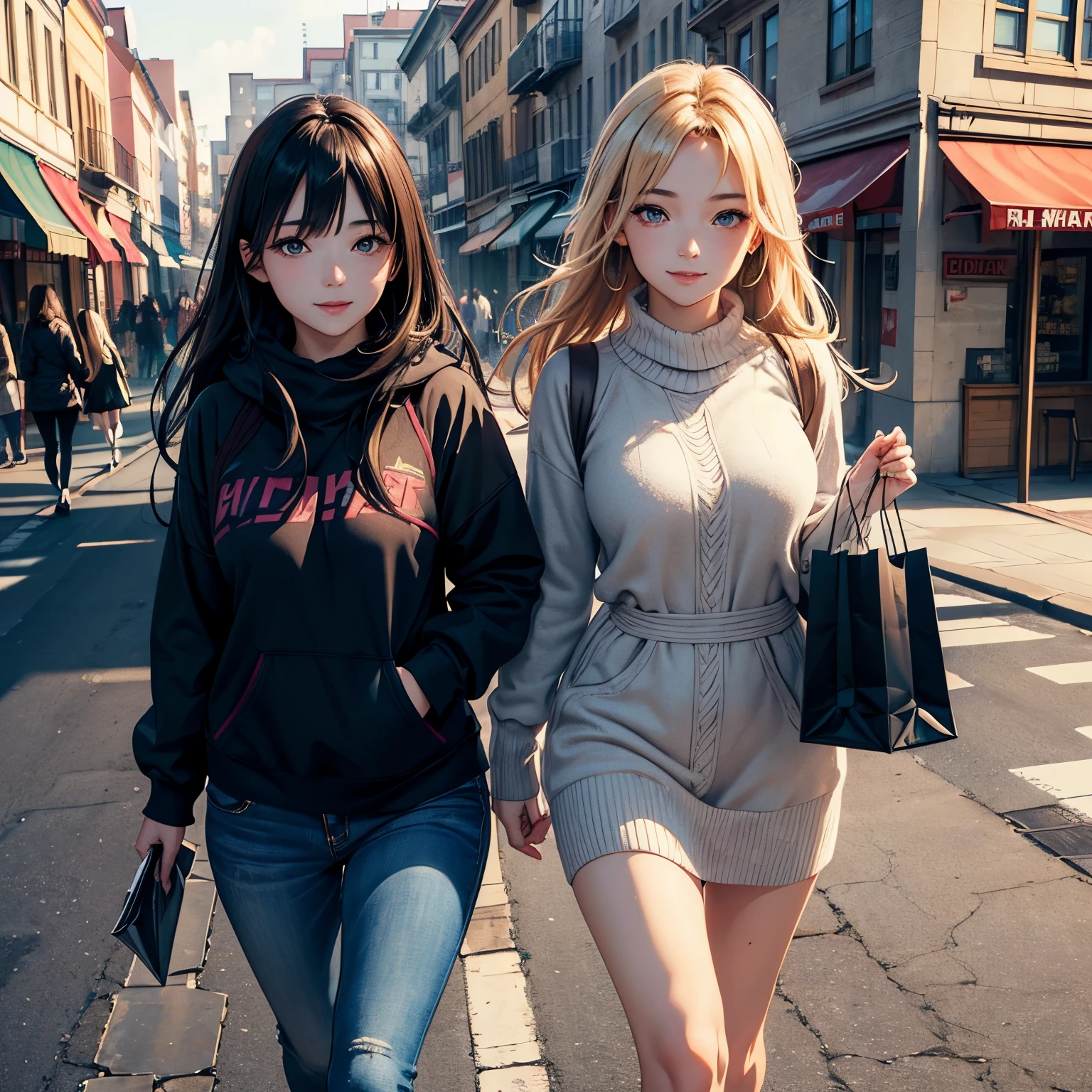 (masterpiece), best quality, (ultra detailed beautiful face and eyes), 4k wallpaper, anime style, warm feeling, (Woman with girl), dynamic angle, smile, (outdoor walking on the street together), sisters are shopping, sun