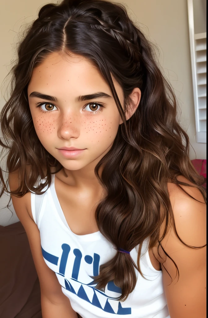 1girl. Tan skin, freckles on nose, freckles on cheeks, dark brown hair, wavy hair, hair braid, cropped tee, twenty years old, bedroom