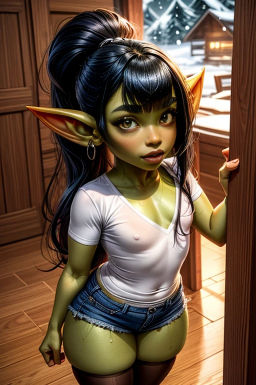 (masterpiece), (extremely intricate:1.3), goblin female, small and short, long pointy ears, sharp teeth, (large plump lips), slutty Latina face, (green skin), long black hair, very long high ponytail, hair bangs, sakimichan, ((wears white sleeve shirt)), (looking at viewer:1.4), (thigh high), skinny,(petite body), ((small flat chest)), silver earring, indoor, (shorts), detailed skin, inside wooden cabin, wide hips, snowing outside, dark, face focus, (night time), detailed face, 1girl, solo, (long eye lashes), sharp teeth, mouth open, red plump lips, (white shirt), smile sharp teeth, gratitude, from above