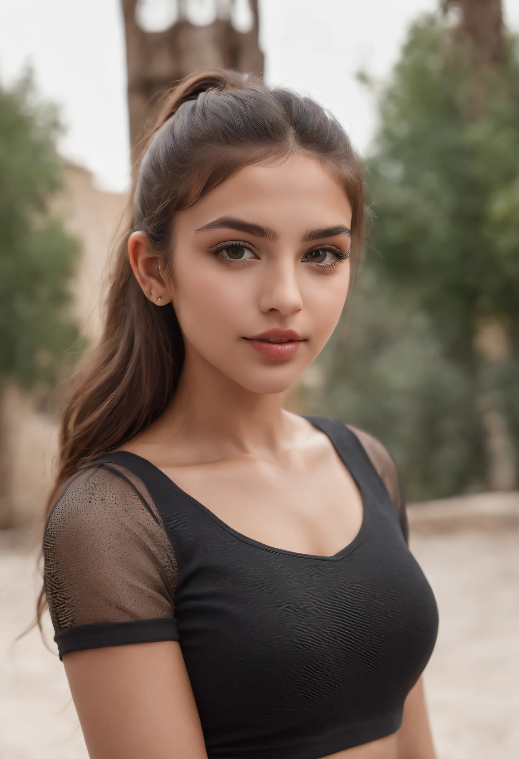 ((iraqi dark skin, iraqi attractive 18 year old )), ((her beauty is undeniable)), ((excited cute face)), ((hyper detailed perfect eyes,)), ((cute pose)), ((tongue out)), ((seductive )), sexy, (( tight mesh shirt, sexy short shorts)), (( ponytail hair,)), (( skin)), ((standing, front view)), ((touching her own legs in a sexy pose)), ((outdoors, public city)), sharp focus cgi, photorealistic, high detail, realistic, masterpiece, absurdres, best quality, HDR, high quality, high-definition, extremely detailed, 8k wallpaper, intricate details, 8K uhd, Full-HD, (realistic photo:1.2), contrast, harsh lighting, cinematic lighting, natural lighting, hard light, backlighting, global illumination, ambient occlusion