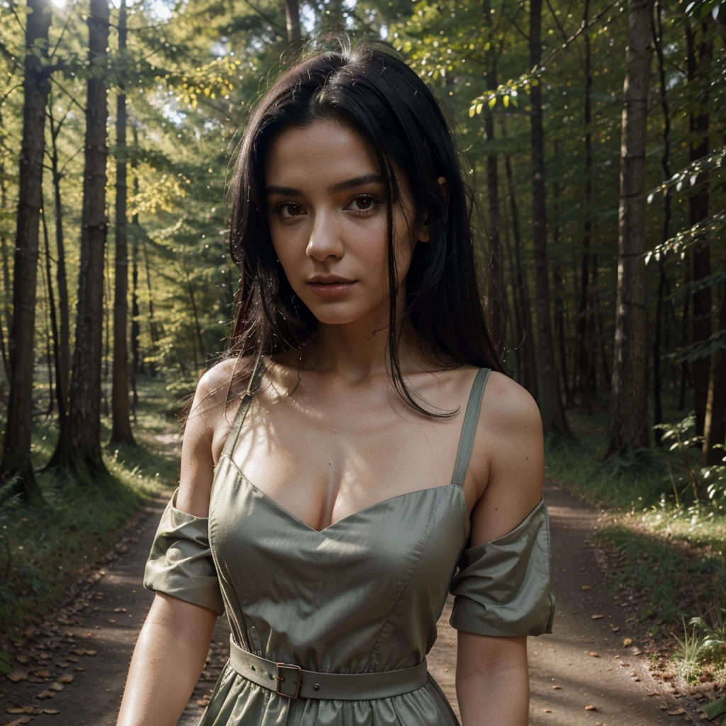 28 years Italian model, 8k, wearing tracking dress, beautiful half body, black hair, selfie iPhone 14, walking in the forest, imperfect skin, magnetic face, 8k, iper realism.