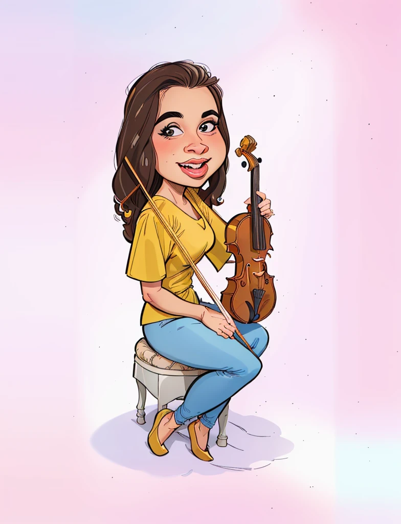 um desenho animado de uma mulher sentada em um banquinho segurando um violino, in cartoon style, retrato dos desenhos animados, charicatura, estilo caricatura, solo portrait 🎨🖌️, retrato detalhado, caricature illustration, retrato de alta qualidade, professional illustration, detailed illustration portrait, em cima de um violino, desenho colorido, retrato profissional, Cartoon style illustration, caricatural