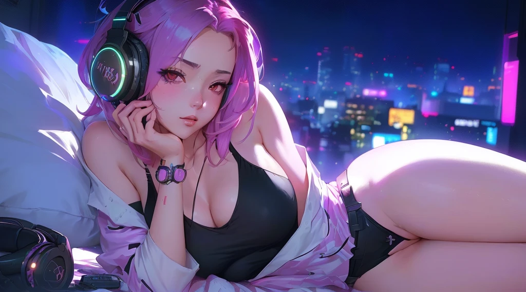 anime girl with headphones laying on a bed in a city, artwork in the style of guweiz, cyberpunk anime girl, digital cyberpunk anime art, ilya kuvshinov. 4 k, female cyberpunk anime girl, digital cyberpunk - anime art, best anime 4k konachan wallpaper, cyberpunk anime art, dreamy cyberpunk girl, trending on cgstation, seductive anime girl