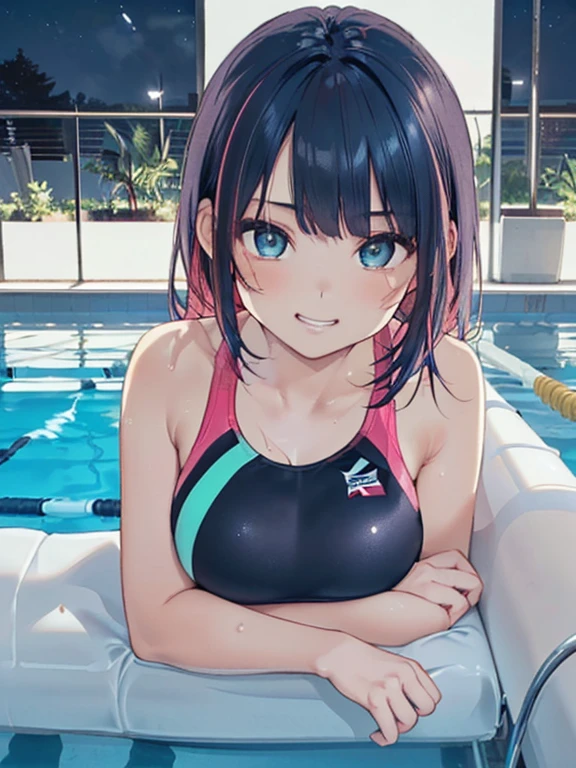 ((masterpiece、top-quality:1.5、a high chroma:1.5、ultra-detailliert、high-resolution illustrations:1.5、Ultra-high-definition CG、8k size wallpaper、offcial art))、((front view:1.8)),(1woman,),(cute face:1.5,cute eyes:1.5)、((face:1.5)),((close to viewer:1.8,face only:1.5)),
(grin:1.3)、(sexy body),((reclining:1.8)),,(competition swimsuit:1.5),(wet head, face, and body:1.3),(multicolored hair:1.5), (large breasts:1.5),(curvy:1.3)、(Portrait:1.8)
,(Shining aqua eyes:1.2),((sit by the pool at night:1.5)),((There is a light source in the pool water:1.5)),(cowboy shot)、
