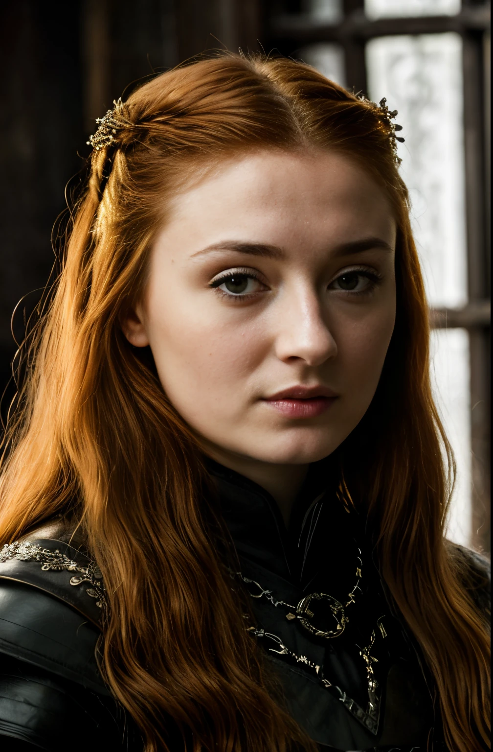 Foto RAW, Sansa Stark PLAYED BY SOPHIE TURNER Ned and Cat's oldest daughter, Demure and ladylike, her dream to marry Prince Joffrey, Her direwolf named Lady , mediaeval erotic costumes, perky breast, Game of Thrones Series, (pele altamente detalhada: 1.2), 8k UHD, DSLR, soft-lighting, alta qualidade, grain of film, Fujifilm XT3