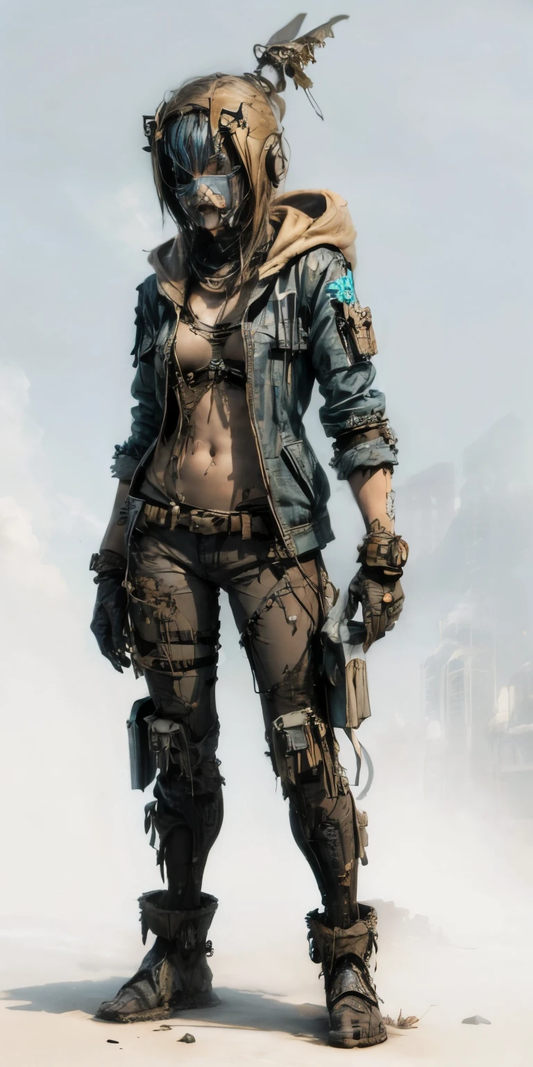 A sandy desert with blue sky and sun, possui uma atmosfera de terror, having wreckage of things everywhere, a place abandoned for years and the only living creatures that inhabit it are humanoids with poison technology