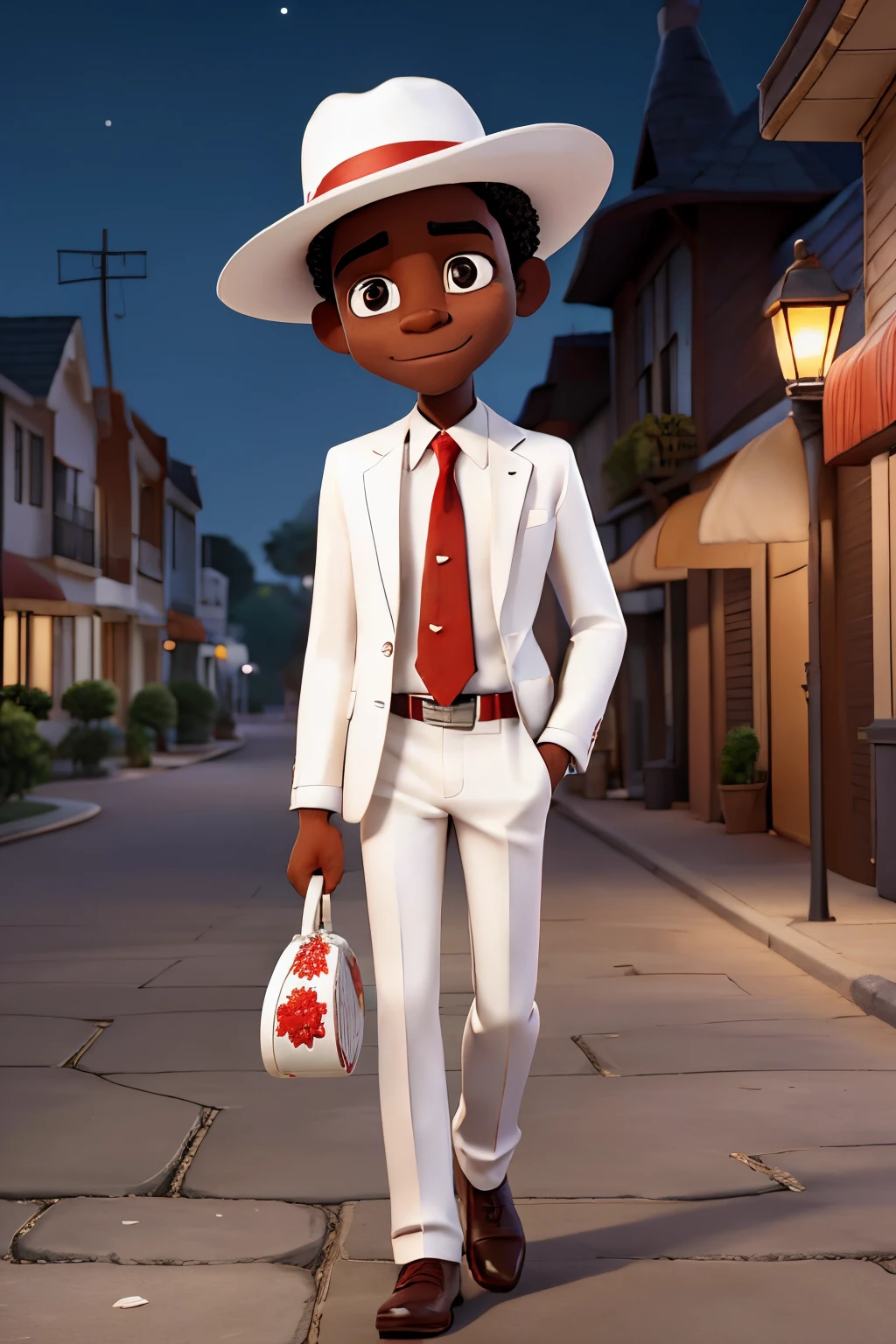 a black man in a white suit and red tie wearing a white panama hat with a red stripe, head down, with a deck of cards in one hand and a cane in the other hand, on a dark street at night leaning against a lamppost