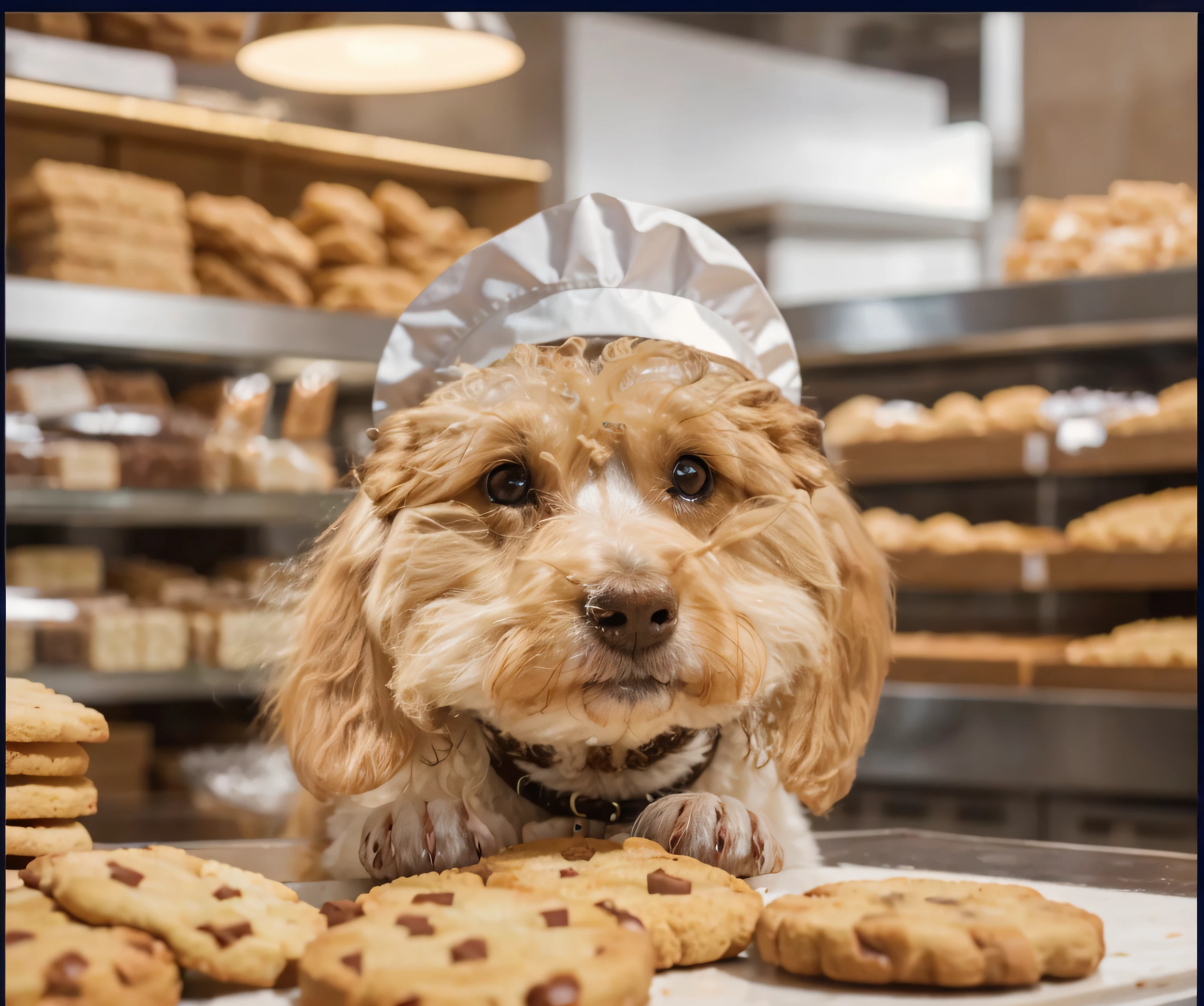 4klindo cachorrinho poodle cor de caramelo sentado em frente a bancada de uma padaria cheio de biscoito na frente dele - ele tem cara de feliz neoclassicism, oil on canvas,