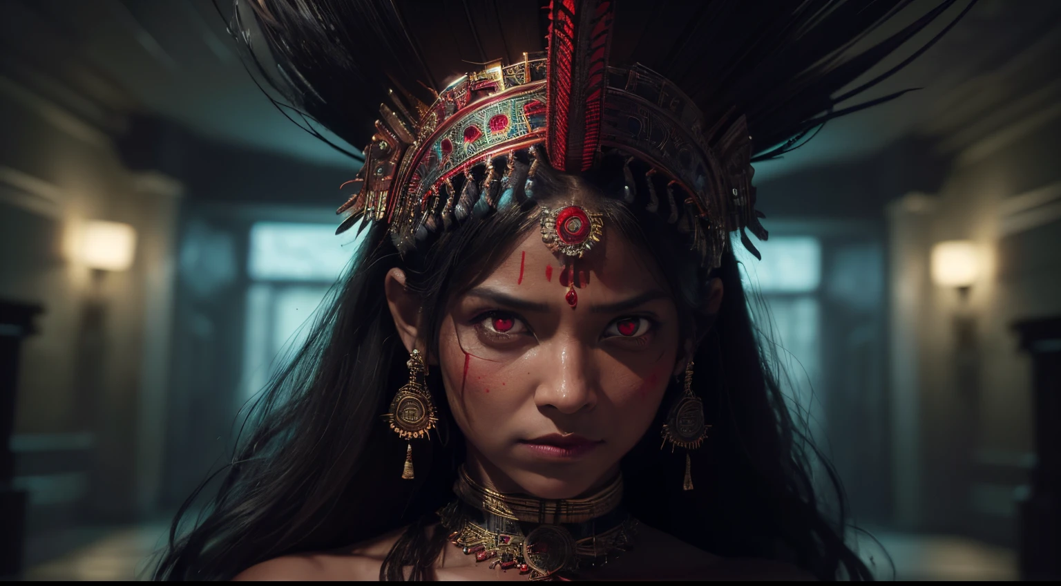 (best quality,4k,8k,highres,masterpiece:1.2),ultra-detailed,(realistic,photorealistic,photo-realistic:1.37),horror,concept art,Mayan,Ixchel AI,evil face,hologram,female,red glowing eyes,ancient headdress,Astec
