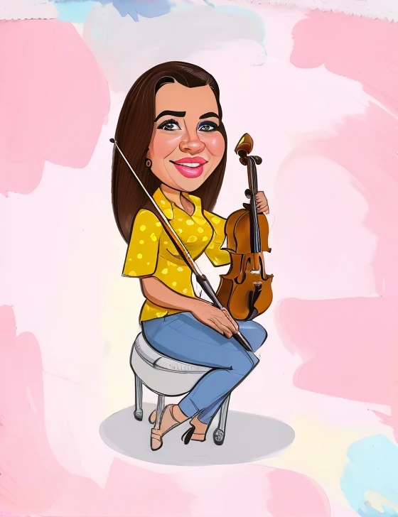 um desenho animado de uma mulher sentada em um banquinho segurando um violino, in cartoon style, retrato dos desenhos animados, charicatura, estilo caricatura, solo portrait 🎨🖌️, retrato detalhado, caricature illustration, retrato de alta qualidade, professional illustration, detailed illustration portrait, em cima de um violino, desenho colorido, retrato profissional, Cartoon style illustration, caricatural