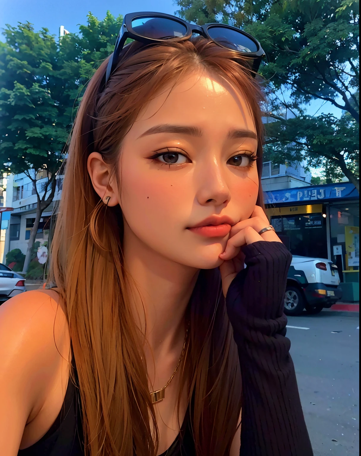 Mujer arafed con gafas de sol sentada en un banco en una ciudad, Parque Roseanne de Blackpink, Blackpink Jennie, Retrato de Jossi de Blackpink, Jossi de Blackpink, Joven y adorable rostro coreano, 19 year old girl, Hermosa joven coreana, Lalisa Manobal, ulzzang, 8k selfie photograph, Heonhwa Choe, Chica coreana