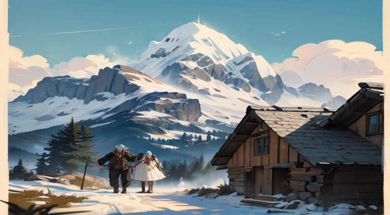 Kaiser Franz Josef and his wife, Sisi, dressed in hiking attire, wearily approach a rustic mountain hut. The door slightly ajar, and smoke from a chimney signals the presence of the nervous Villager inside.