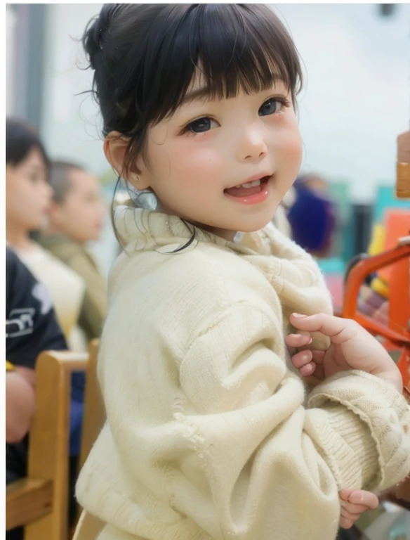 young asian girl, A happy expression, Squint slightly, Hefty Smile, Dark short hair with bangs, Floral hair accessory at side, Wearing a soft pink wool top with a subtle floral print. She is illuminated by tenderness, curved warm light, Glowing glow stick, just outside the frame, Casts an orange-yellow hue on her cheeks, Represents a close and intimate perspective. The shooting angle is a close-up, Shoot at eye level，Capture your &#39;s facial expressions and the interaction of light sources with her cheerful demeanor. The right camera for this photo is a full-frame DSLR or mirrorless model, For example, Canon EOS R5 or Sony A7R series, With fixed focus lens, About 50mm f/1.8, Achieve sharp subject focus with soft background. The room presents a family atmosphere, Background of out of focus stuffed animals and patterned blanket on sofa, Create a warm and warm atmosphere. This image has social media overlay, Indicates that this is a still image from the video, Viewer engagement metrics（Such as heart number and comment icon）Visible nipple, Contribute to the social context of realistic AI-generated photos.