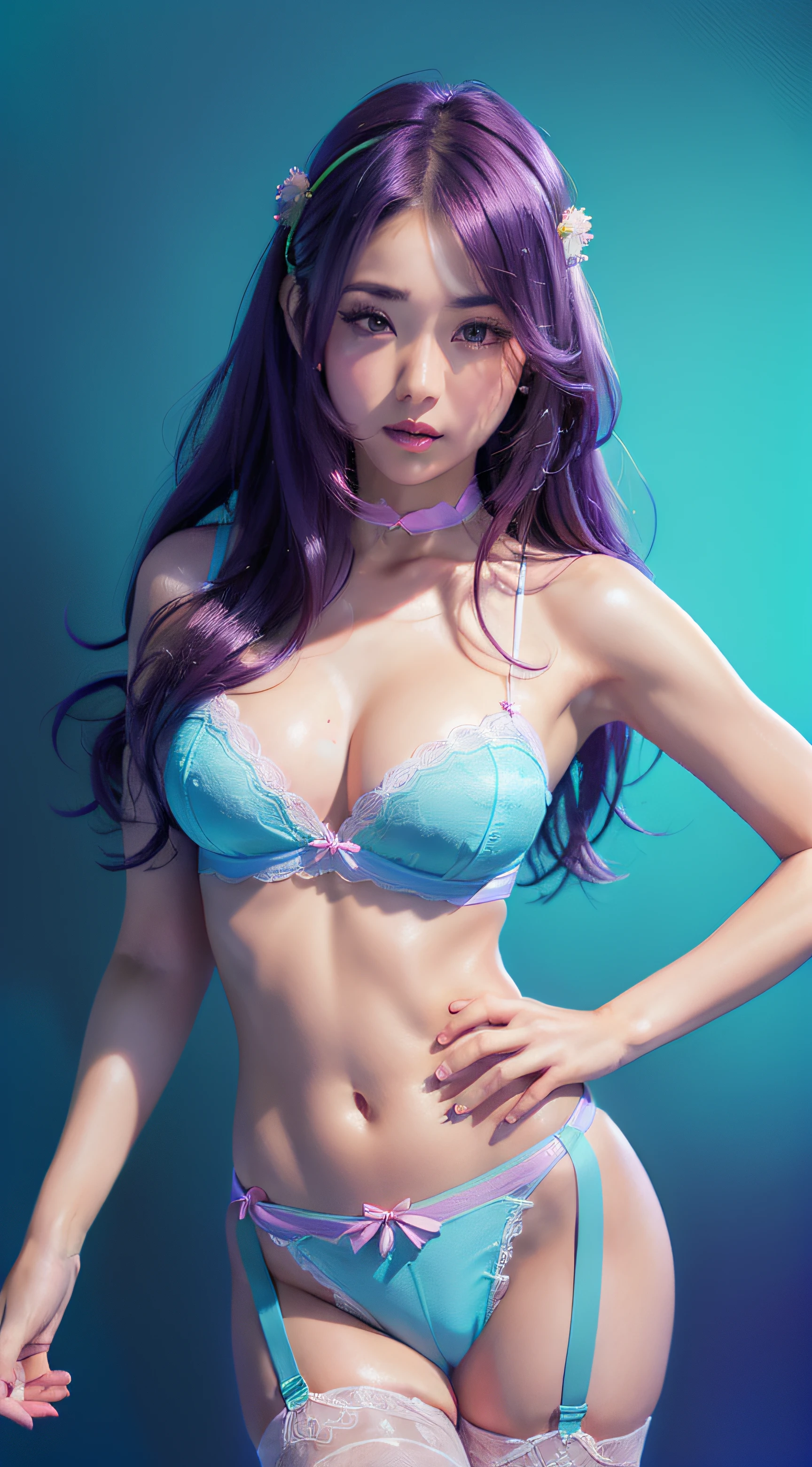 sexy woman, gyaru, purple flowing wavy hair, erotic costume underwear , realistic, ultra realistic, green and blue ombre pattern background, neon lights, small to normal size breast, garter belt, lace, chocker, cute hairband