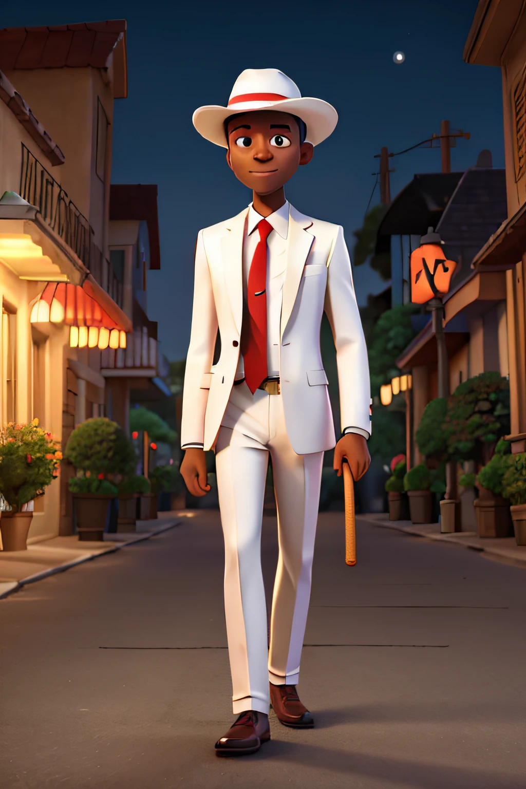 um homem negro encostado em um poste de luz, in a white suit and red tie and a white panama hat with a red band, with his head down, WITH A CANE IN HAND, on a dark street full of bars at night