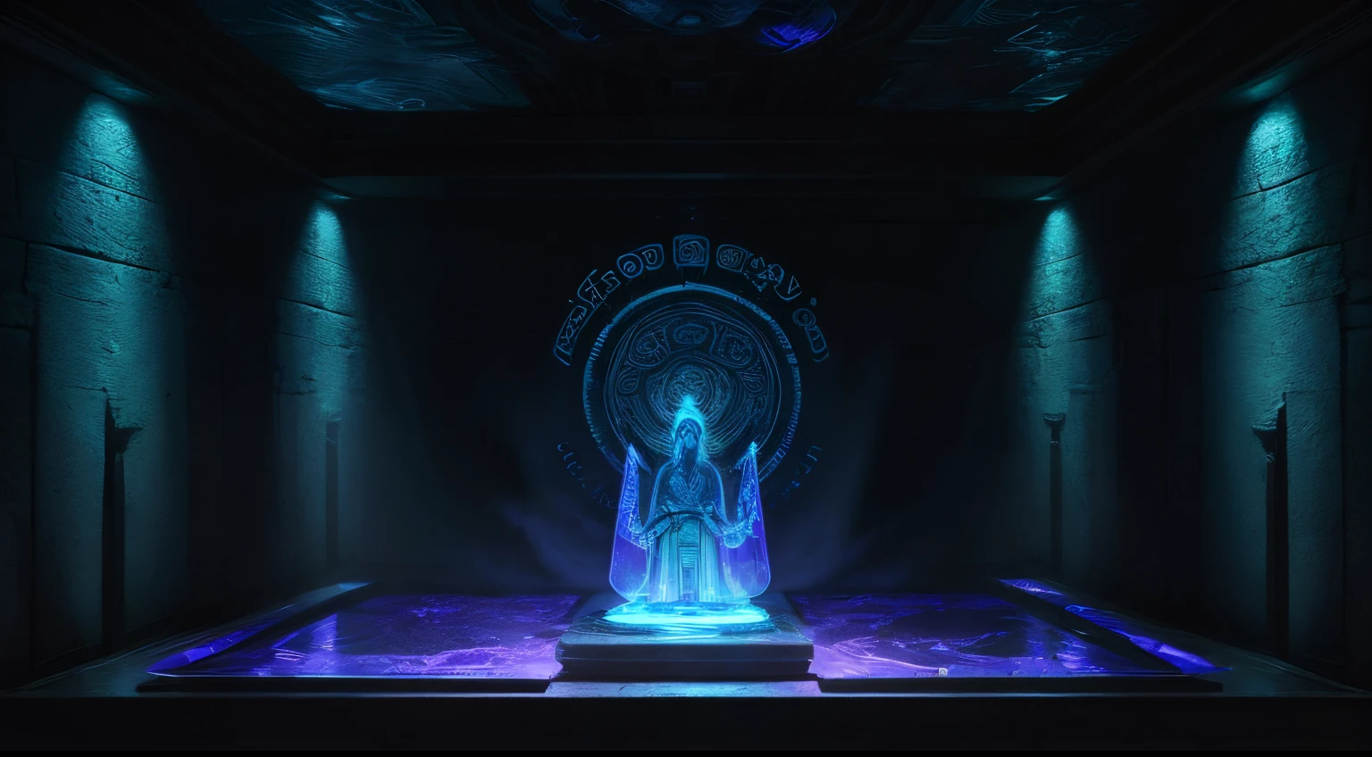 best quality,ultra-detailed,highres,realistic,glowing blue hologram of Mayan goddess Ixchel,emerging from stone chamber,crystal control panel,ancient mystery,vibrant colors,ethereal beauty,magical atmosphere,translucent appearance,illuminating the surroundings,golden accents,enigmatic allure,mythical powers,ancient civilization,divine entity,historical significance,embodying wisdom and fertility,majestic presence,sacred symbol,mesmerizing holographic projection,luminous radiance,magic infused technology,connecting past and present,awe-inspiring,divine guidance, ancient headdress,Astec
