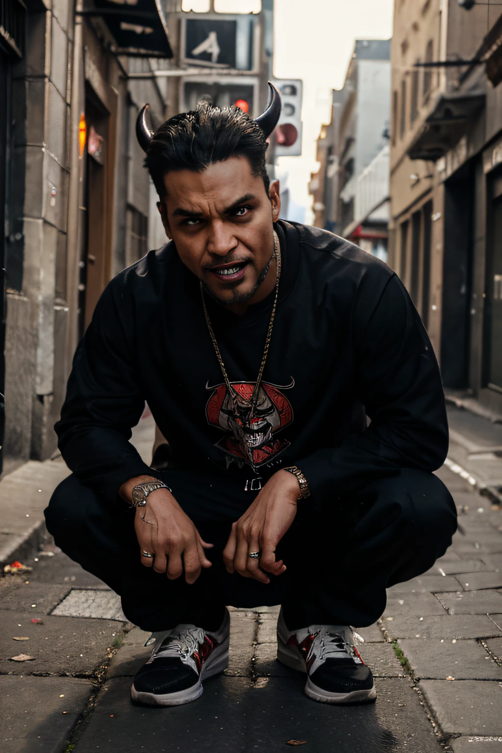 diabo, sorrindo com roupas de rapper, agachado na rua, with hatred, nervoso, expression of anger, inveja, irritado, violento, arrogante, arrogante, olhar de superioridade, holding a head