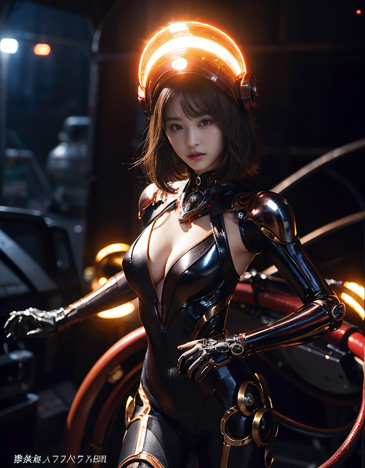 (1 Mechanical Girl)、（Mystical expression）、top-quality、​masterpiece、超A high resolution、(Photorealsitic:1.4)、Raw photo、女の子1人、glowy skin、(((1 Mechanical Girl)))、（Red Metal Bodysuit）、(alien background、futuristic alien background)、(Small LED)、((super realistic details))、vertical giant monster background),globalillumination、Shadow、octan render、8K、ultrasharp、机器人、Colossal tits、Raw skin exposed in the cleavage、red metal、Details of complex ornaments、Japan details、highly intricate detail、Realistic light、(Mystical expression),CG Society Trenlow Eyes、Eyes shining towards the camera、Mechanical marginal blood vessels connected to neon detail tubes)、(Wires and cables connecting to the head)、Small LED、,Mechanical thighs、Toostock、（Hands are also made of machines.traces on the cliff）、机器人、future alien、Mechanical helmet、