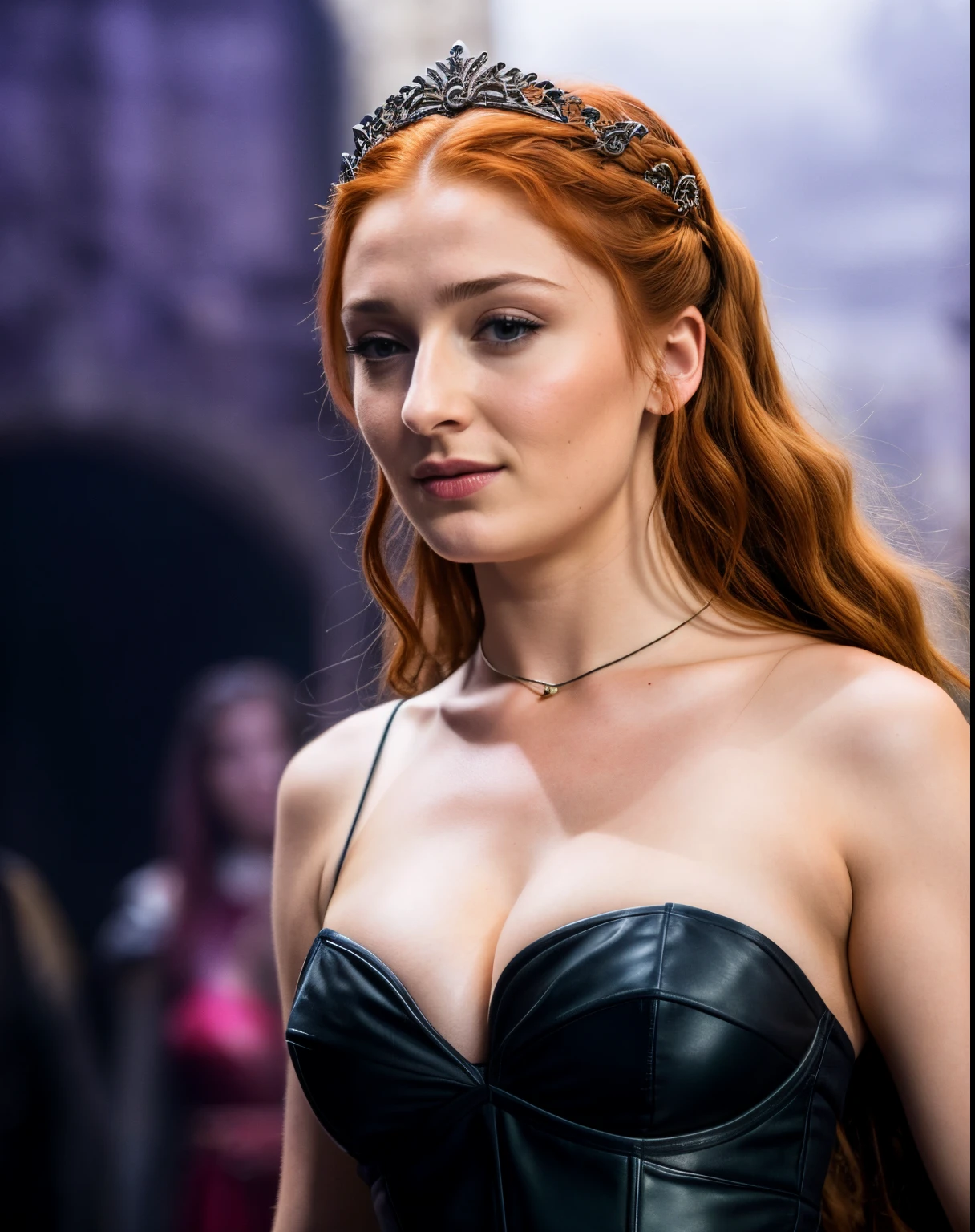 Foto RAW, Sansa Stark, Extremely gorgeous lady, Sansa Stark PLAYED BY Sophie Turner, Queen Sansa Stark, she  a mature woman now, milf, sexy mediaeval battle dress, gladiator woman, body, 45 years old Woman, body revealing costumes, perky breast, alluring figure, big natural breast, mediaeval costumes, mediaeval queen dress, erotic costumes, lusty physique, seductive figure can capture every people's attention, Game of thrones costumes, revealing captivating figure, Mediaeval costumes, revealing clothes, A tomboy, she would rather fence than dance, warrior queen , game of thrones screen caps, Game of Thrones Series, (pele altamente detalhada: 1.2), 8k UHD, DSLR, soft-lighting, alta qualidade, grain of film, Fujifilm XT3