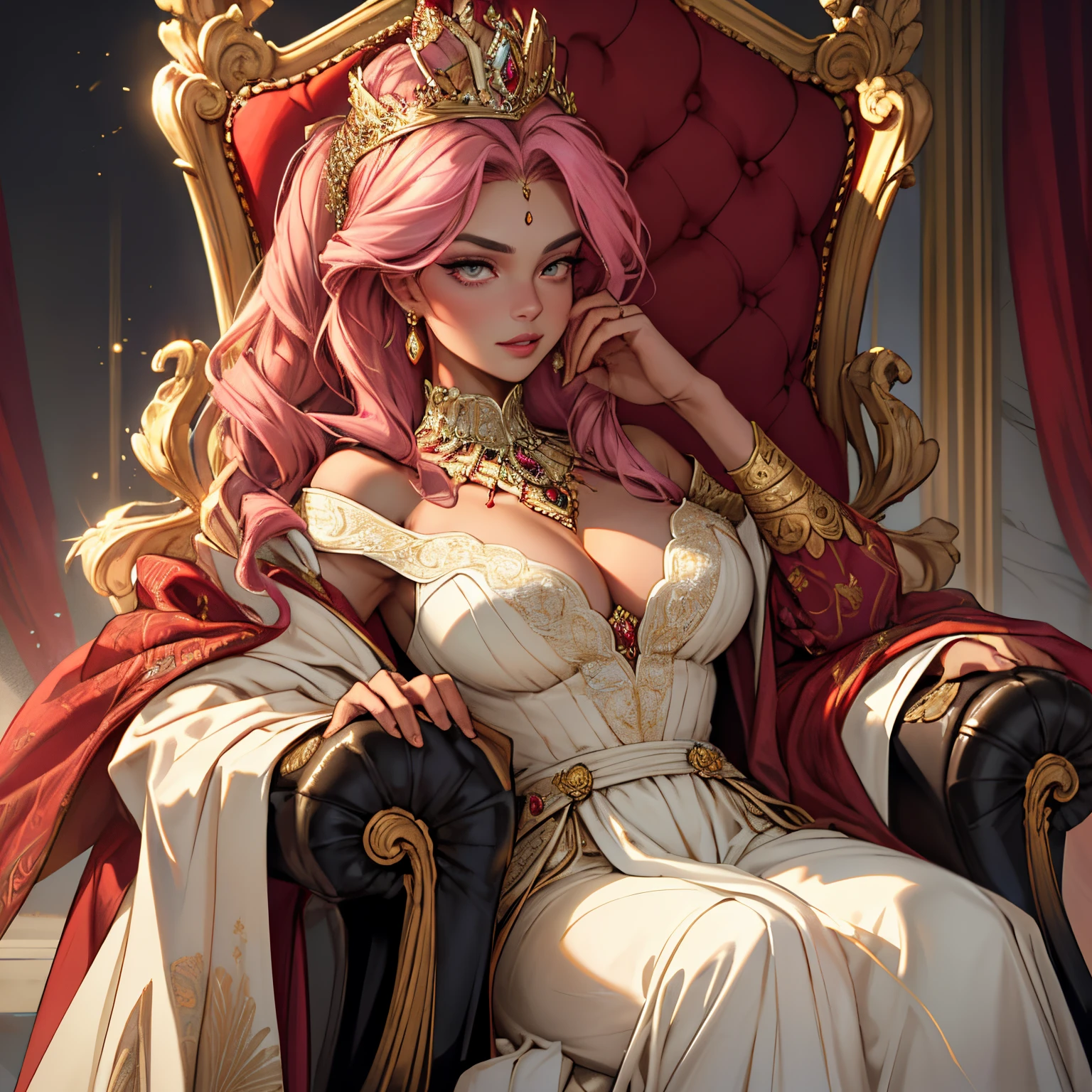 (a very high-quality, high-resolution portrait) portrait of a busty queen in a regal robe, adorned with intricate golden embroidery. Her eyes captivatingly sharp and piercing, drawing you in with their intense gaze. Her lips, full and ruby red, exude power and confidence. The queen's face is meticulously detailed, showcasing her flawless skin and regal features. Her long eyelashes gracefully frame her eyes, adding a touch of elegance to her enchanting beauty.

The queen is seated on a luxurious throne, featuring ornate carvings and velvet upholstery. The backdrop reveals the grandeur of her palace, with towering marble columns and opulent golden chandeliers. The lighting is majestic, illuminating the queen in a soft, ethereal glow, highlighting her royal stature.

The portrait is skillfully executed in an oil painting style, with vibrant colors and rich textures. The brushstrokes are visible, adding depth and character to the artwork. It exhibits a masterful blend of realism and artistic interpretation, capturing the queen's regal essence and allure.

The overall color palette exudes warmth and richness, with hues of deep reds, purples, and gold, symbolizing power, royalty, and opulence. The lighting casts subtle shadows, accentuating the queen's features and creating a captivating play of light and shadow.

This masterpiece evokes a sense of admiration and awe, immersing the viewer in the grandeur of the queen's presence. It is a testament to her strength, beauty, and command.