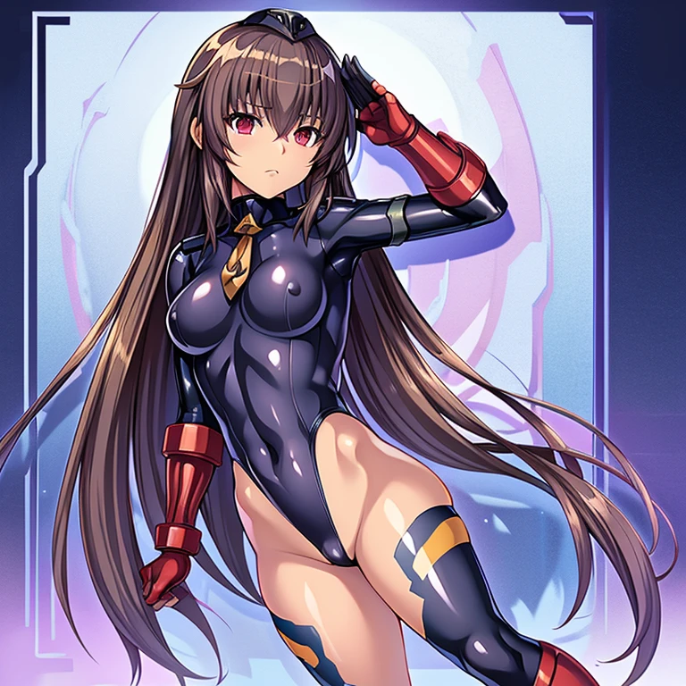 Masterpiece, Best Quality, Highly detailed, illustration, absurdres, taimanin yukikaze, taimanin asagi, mizuki yukikaze, red eyes, doll suit, shadaloo doll, nazi salute, brown-hair, 1 girl, solo, expressionless, emotionless eyes, looking at viewer, red gloves, emotionless, black latex, corrution, black latex suit
