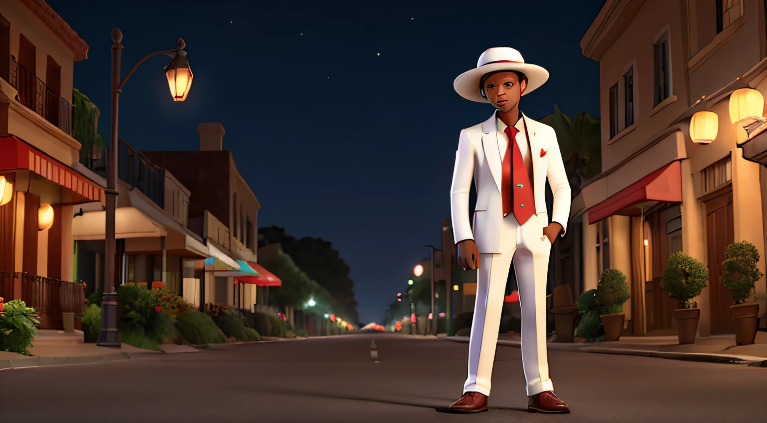 um homem negro encostado em um poste de luz, in a white suit and red tie and a white panama hat with a red band, with his head down, on a dark street full of bars at night