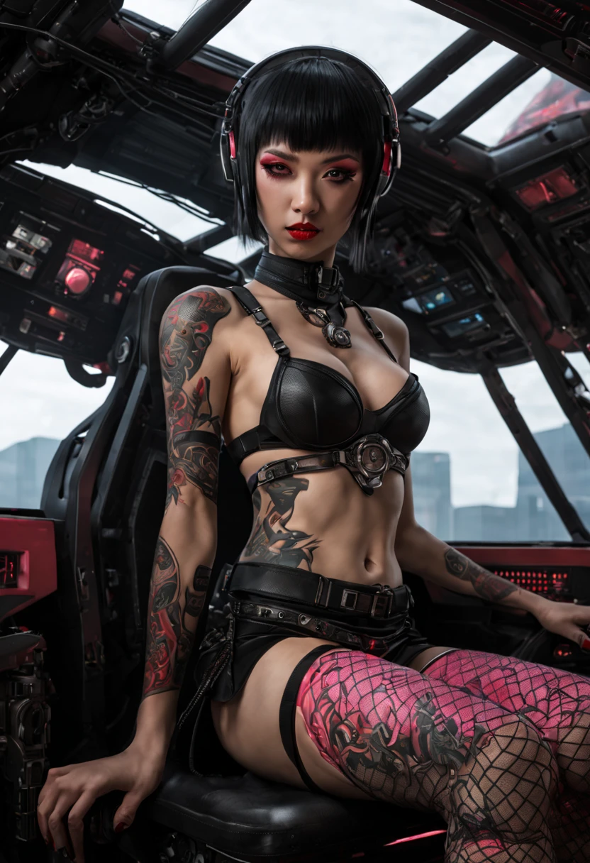 spaceship cockpit with red seat and black canopy, topless erotic asian elf girl with short flapper style hair and cyberpunk tattoos wearing a sheer black skirt and no underwear revealing her pink fishnet stockings