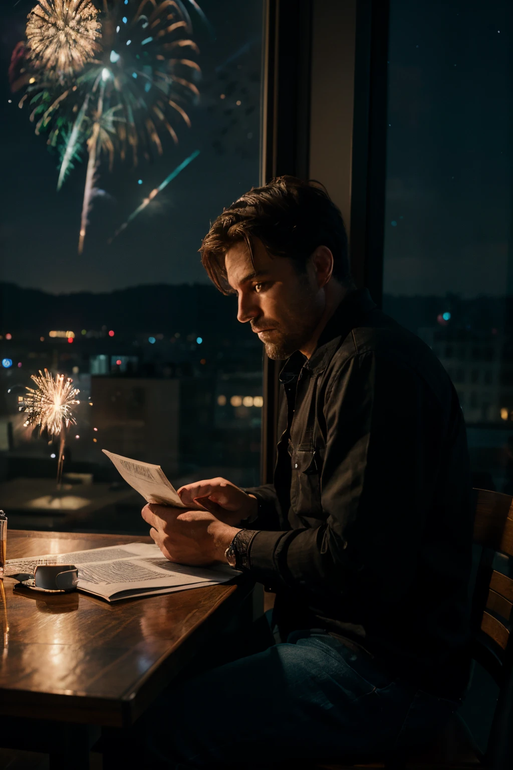 man sitting at the table in his home, looking at the papers, desperate. In the background, a window showing fireworks in the night sky. Ultra realistic, cinematic, 4k, HD realistic reflections