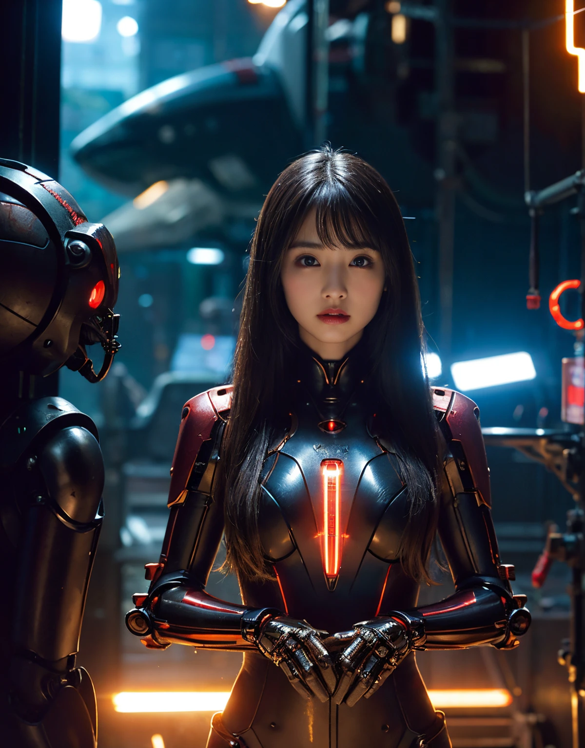 (1 Mechanical Girl)、（Mystical expression）、top-quality、​masterpiece、超A high resolution、(Photorealsitic:1.4)、Raw photo、女の子1人、glowy skin、(((1 Mechanical Girl)))、（Red Metal Bodysuit）、(alien background、futuristic alien background)、(Small LED)、((super realistic details))、vertical giant monster background),globalillumination、Shadow、octan render、8K、ultrasharp、机器人、Colossal tits、Raw skin exposed in the cleavage、red metal、Details of complex ornaments、Japan details、highly intricate detail、Realistic light、(Mystical expression),CG Society Trenlow Eyes、Eyes shining towards the camera、Mechanical marginal blood vessels connected to neon detail tubes)、(Wires and cables connecting to the head)、Small LED、,Mechanical thighs、Toostock、（Hands are also made of machines.traces on the cliff）、机器人、future alien、Mechanical helmet、