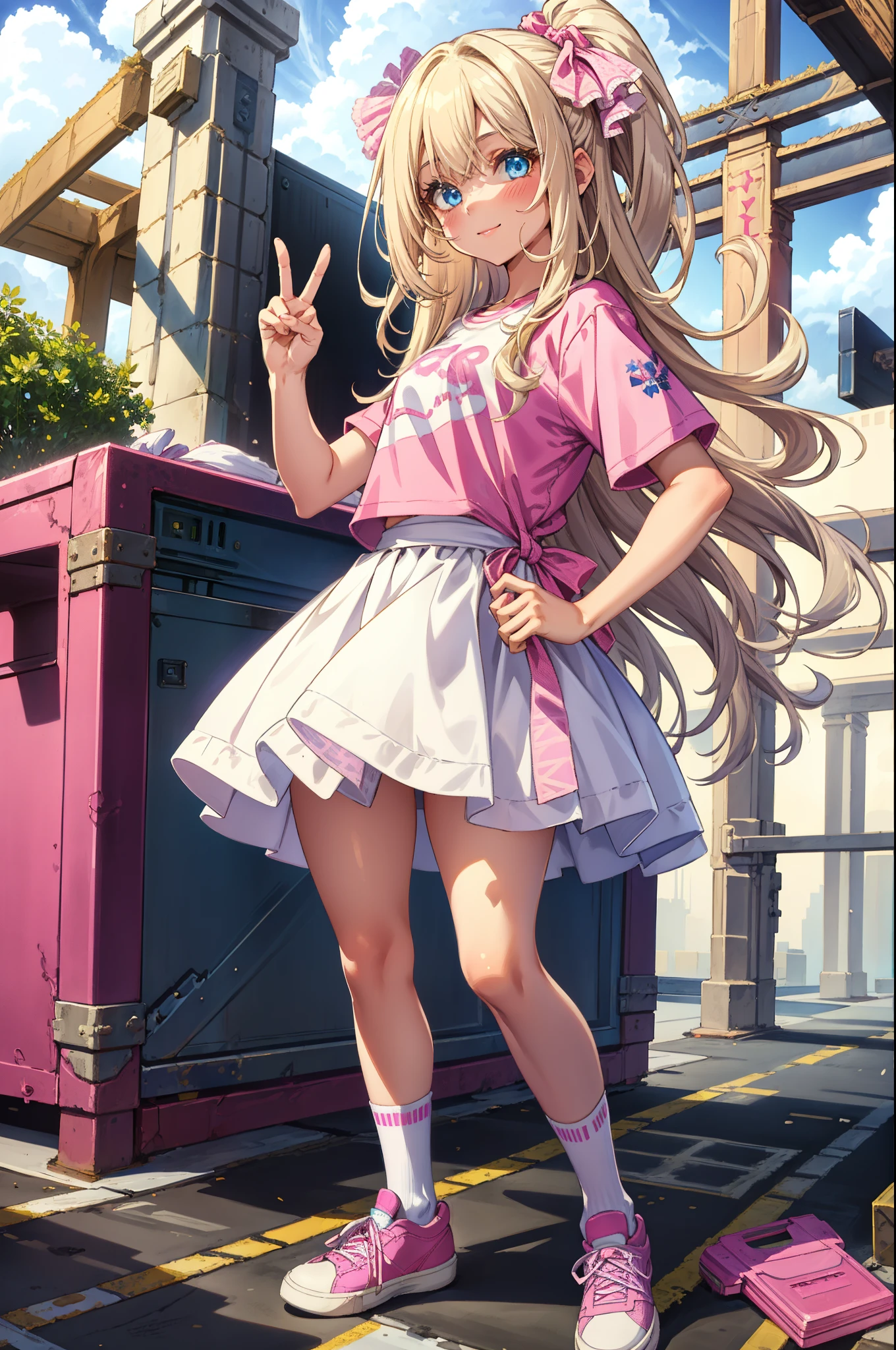 beautiful, (masterpiece:1.2), (best quality:1.2), Beautiful 10-year-old white girl with blue eyes, long swept-back straight blond hair, Happy and posing with peace signs, Pink and white frilly miniskirt, pink shirt, pink socks, white sneakers, California City background, daylight,