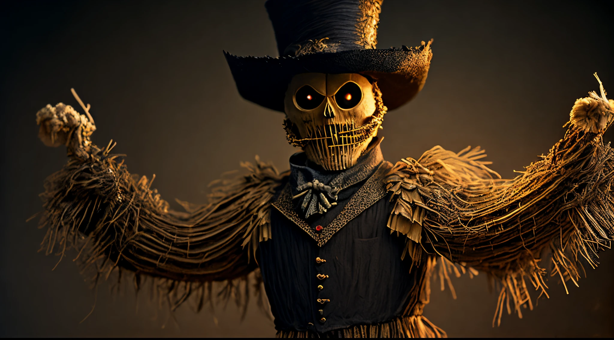 Spooky male scarecrow, made of straw, wearing an old spooky top hat. Arms raised.