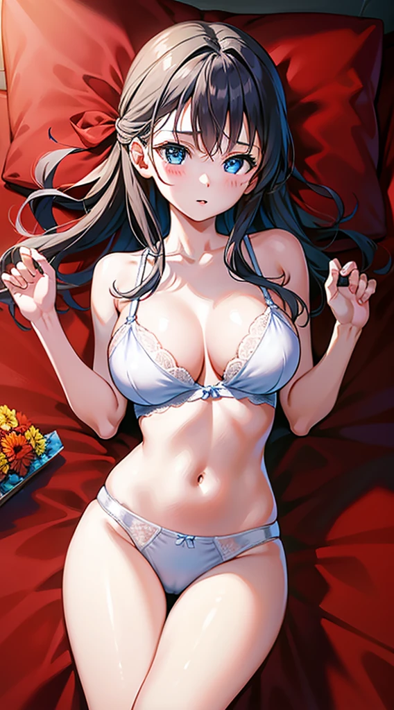 masterpiece, best quality, 1 solo girl, dark blue hair, blue eyes, medium hair, wavy hair, medium breasts, mature body and face, bare shoulders, cleavage, white lingerie, white bra, white panties, open stomach, bed, leg up, cowboy shots, sexy pose, dakimakura, detailed body, face, and eyes, sharp focus, vibrant, creative, dynamic, high definition, high resolution, 8k, voluptuous body,