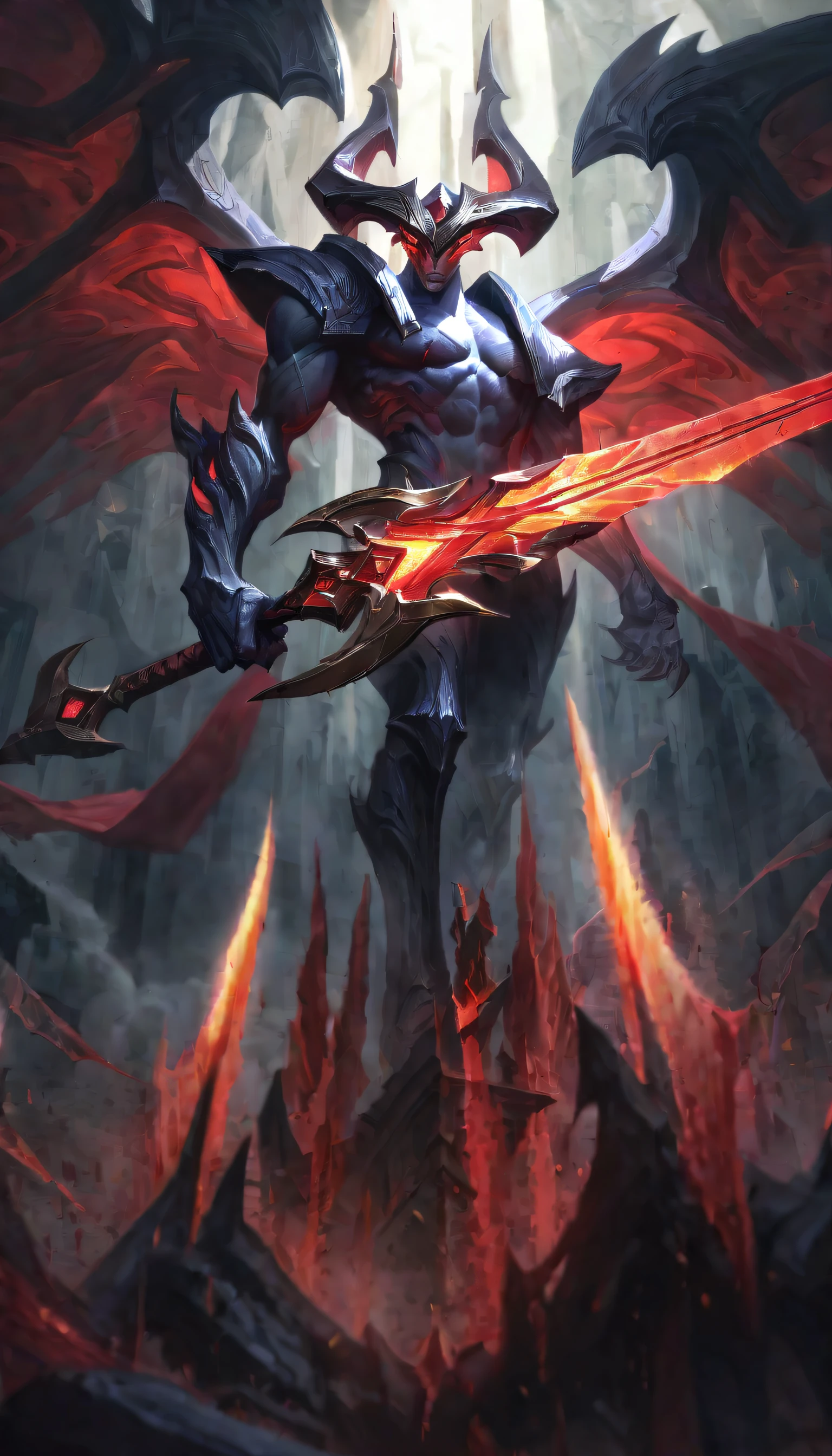 High aesthetic, Best aesthetics, Lolsprahat, Yatoks, Alone, Holding a giant sword, Handsome pose, league of legend, wings, demonic form, Solitude, Shallow depth vision, vignet, The  very detailed, High budget, 电影灯光, epic, a gorgeous, Cinematic texture