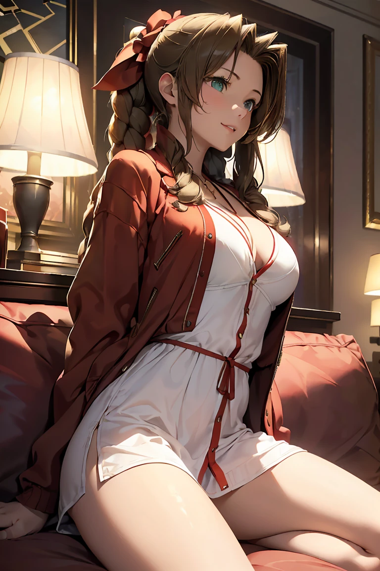 (top-quality, masterpiece, (Ultra high definition,4K), (超A high resolution:1.3, in 8K),masutepiece:1.2), (Angle from below), (Perfect Anatomy,Anatomically accurate), (Soft lighting, 光线追踪), (((Open legs sitting on a sofa in the lobby of a luxury hotel))), ((Aerith Gainsborough lookalike)), (Girl with a nice smile), (Photorealsitic), ((Bright lighting)), (cute white nightgown), ((wear a red cardigan)), Cute panties, (Crisp double eyelids), (fascinated expression), (large full breasts:1.4), (Textured skin), (Soft skin)