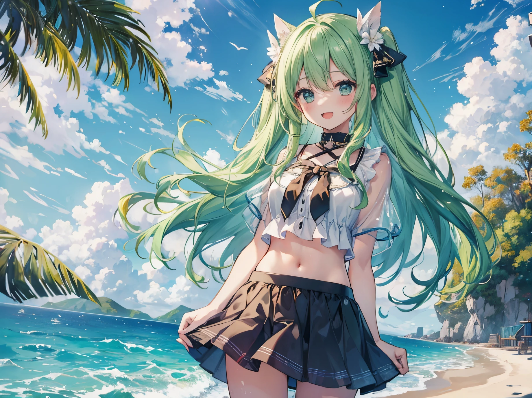 1girl, rating:safe, green_hair, solo, ocean, long_hair, pool, very_long_hair, water, beach, navel, day, blush, ahoge, outdoors, smile, skirt, open_mouth, cowboy_shot, horizon, short_sleeves, :d, midriff, poolside, standing, looking_at_viewer, sky, yellow_bow, bow