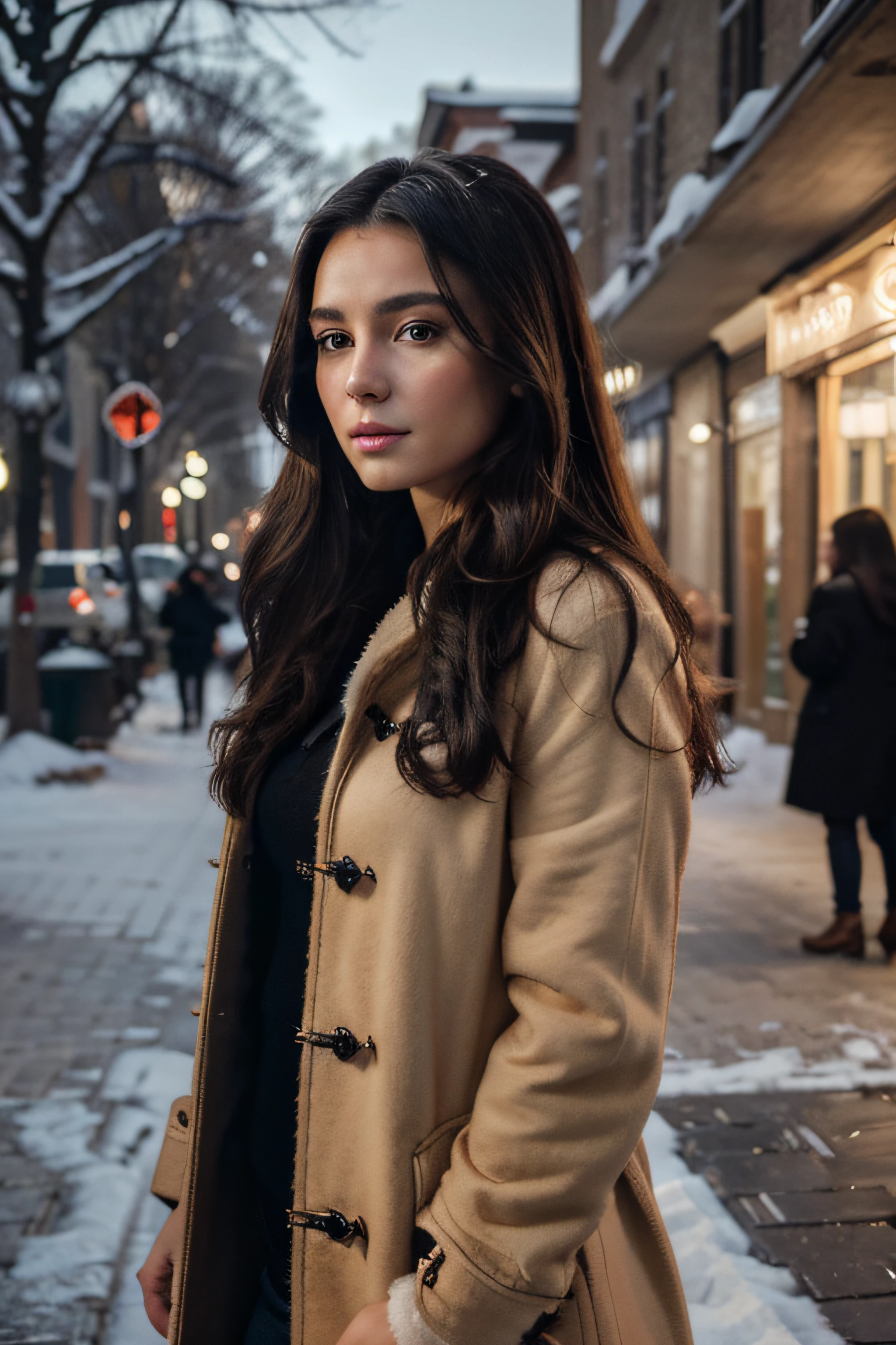 (Best quality, 8k, 32k, Masterpiece, UHD:1.2),Photo of Pretty brunette woman,black long hair,beauty face,coat,winter