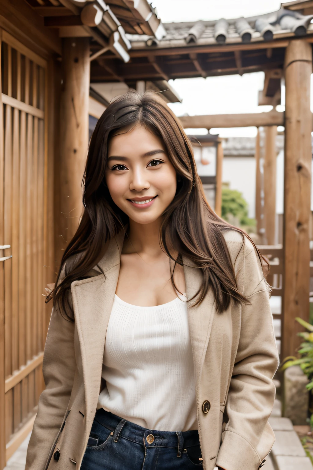hermosa modelo japonesa, realista, joven y delgada, tono de piel natural, sonriendo, con ropa de invierno