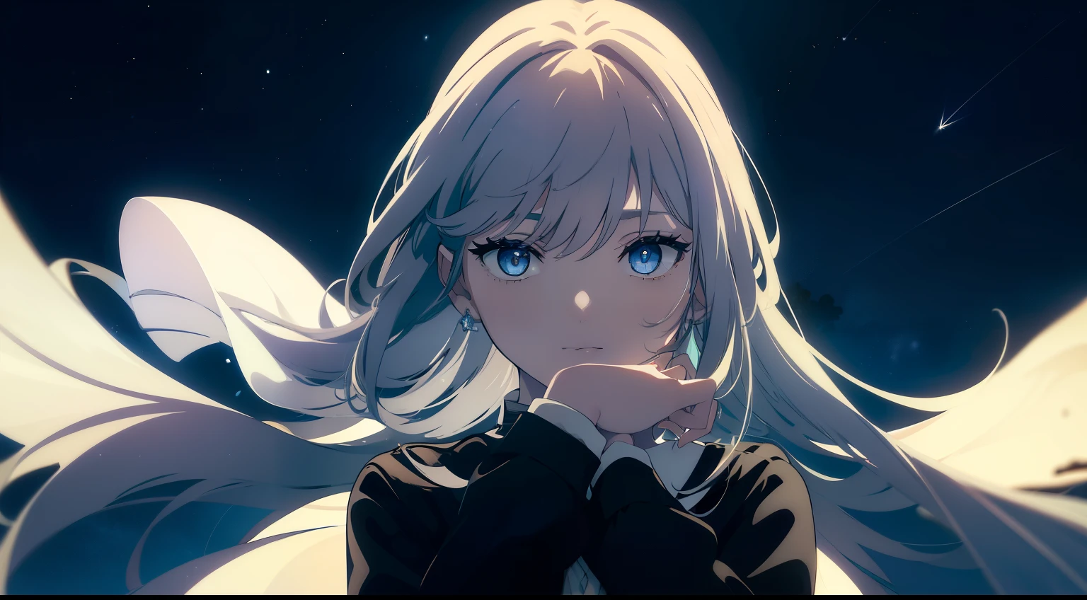 (Obra maestra, La mejor calidad, ultrahigh resolution), 1girl, standing, school uniform, white office shirt, black pleated skirt, (light brown hair:0.7), long hair cut, pale skin, ((blue eyes)), glowing_eyes, neon eyes, (ultra detailed eyes, beautiful and detailed face, detailed eyes), ((centered)), smile, ((wide shot)), facing viewer, eye level, (blurry background, night sky background), flat chested, looking at viewer, half closed eyes, ((perfect hands)), ((head, arms, hips, elbows, in view)), ((tall)), ((hands behind back)), empty eyes, beautiful lighting, outside, outdoors, shooting star:0.7, defined subject, masssive moon