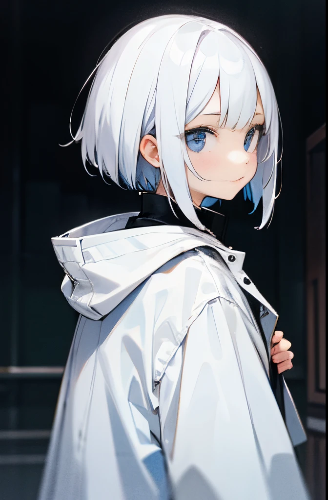 femele、white hair、short-cut、Straight face、parka、Turning around