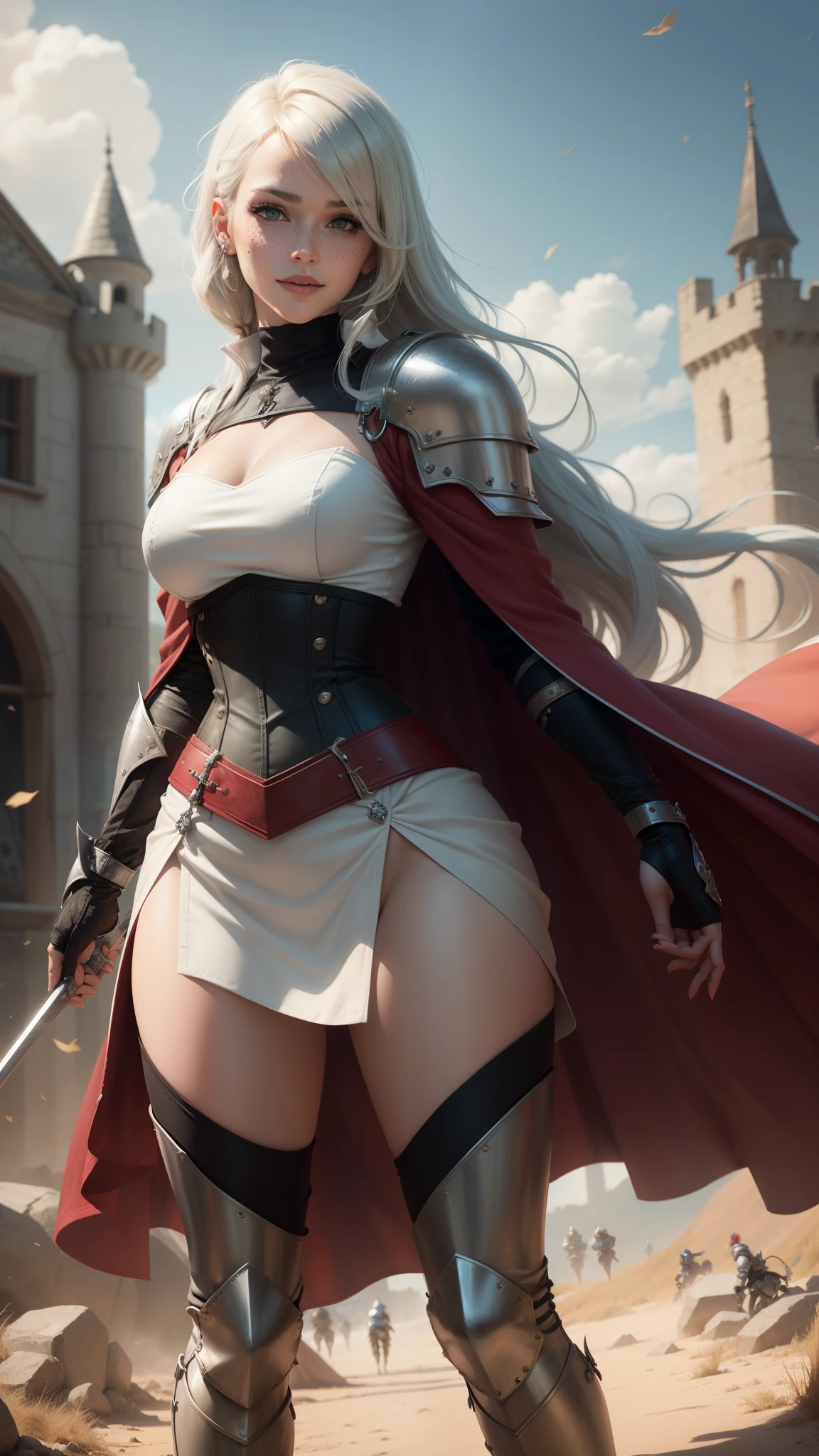 gwen tennyson,yorha 2b,tracer,claire farron,1girl,overwatch,atelier ryza,close up,battlefield view,tattoos,royal gray and white plugsuit,white short sleeve knight top,short sleeve knight full plate armor,long knight skirt,white knight corset,long hair,princess makeup,green eyes,multicolored silver hair,long dress train,sexy smile,freckles,beautiful girl, knight thigh high boots,big breasts,8k, ultra detailed,realistic,fantasy art,silver knight uniform,queen gown dress,hair pin,ear piercings,snowflake hand and neck jewelry,(weather:windy),long gray knight cape,holding a sword on each hand,(pose:sword raised ready to attack),