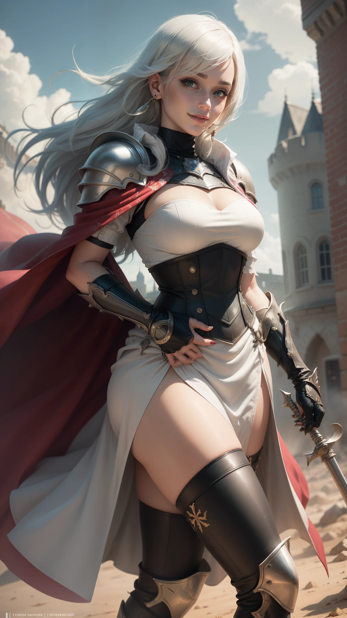 gwen tennyson,yorha 2b,yuna,claire farron,overwatch,warcraft,close up, castle siege battle,tattoos,ruby and white plugsuit,white short sleeve knight top,short sleeve knight full plate armor,long knight skirt,steel knight corset,knee long hair,queen makeup,green eyes,multicolored silver hair,long dress train,sexy smile, freckles,beautiful girl,silver thigh high boots,large breasts,8k,ultra detailed,realistic,fantasy art,steel knight uniform,queen gown dress,hair jewelry,ear piercings,ruby hand and neck jewelry,(weather:windy),1girl,long scarlet knight coat,standing on a battlefield charging into battle,