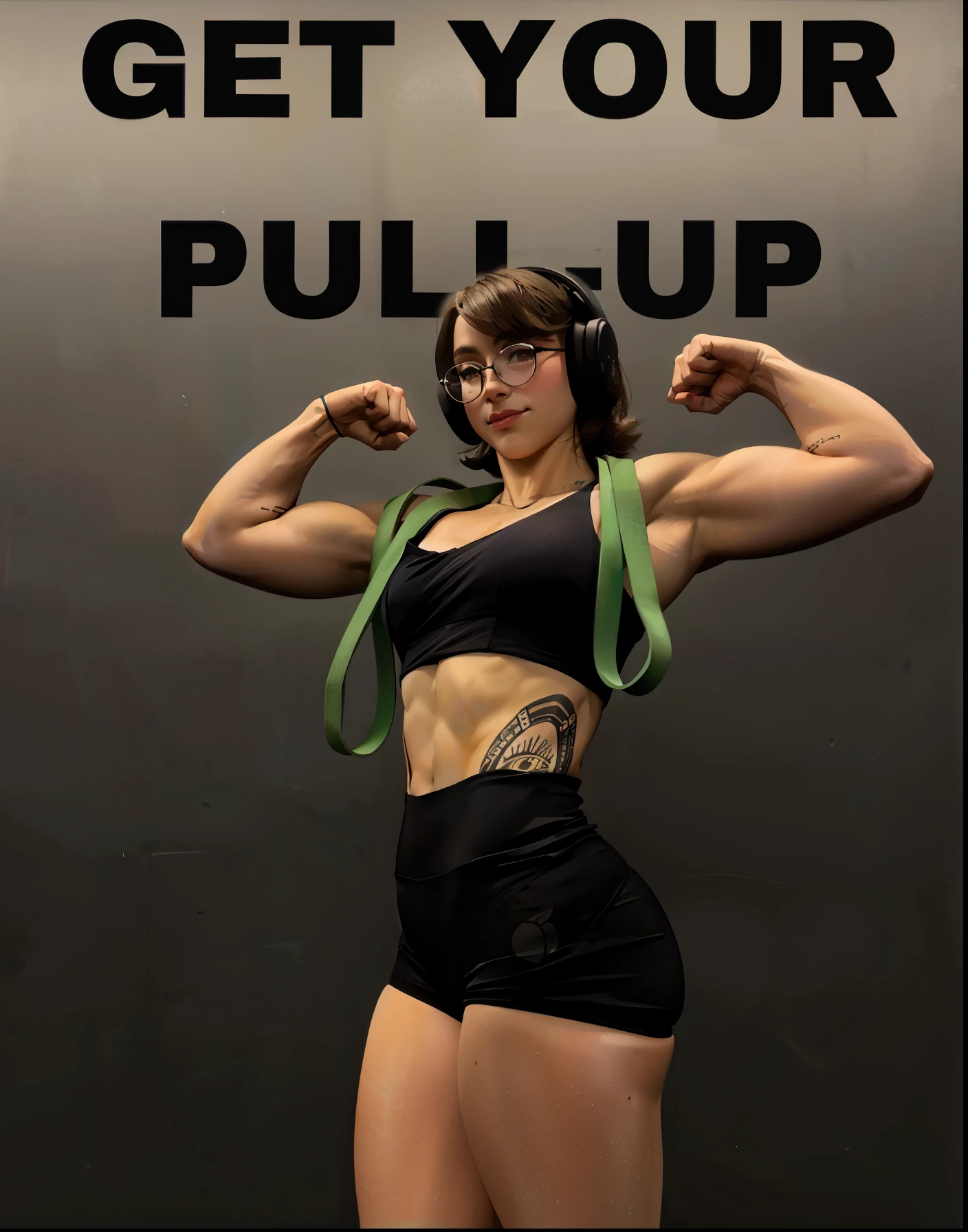 Araafed woman in black sports bra and green tie with words, levante-se, ombros para cima, Posar e flexionar, foto fit, corpo forte e ereto, parte superior completa do corpo, Pose forte, tiro na parte superior do corpo, menina em forma, parte superior do corpo!!, segurando uma pose de pudica, feminino e muscular, Emily Rajtkowski, flexing large muscles