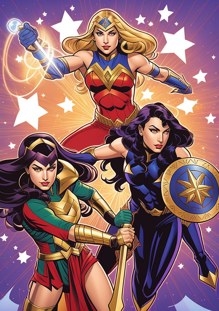 a cartoon of three women dressed with swords and shield, Jen Bartel, Estilo de Arte DC Comics, Estilo DC Comics, sem texto, Directed by: Eddie Mendoza, No estilo da Marvel e DC, Comic book cover, estilo de arte em quadrinhos, Capa de quadrinhos, Directed by: Juan Villafuerte, arte da capa dos quadrinhos, comics illustration, Retrato de Darna Moderna, Directed by: John O'Gorman