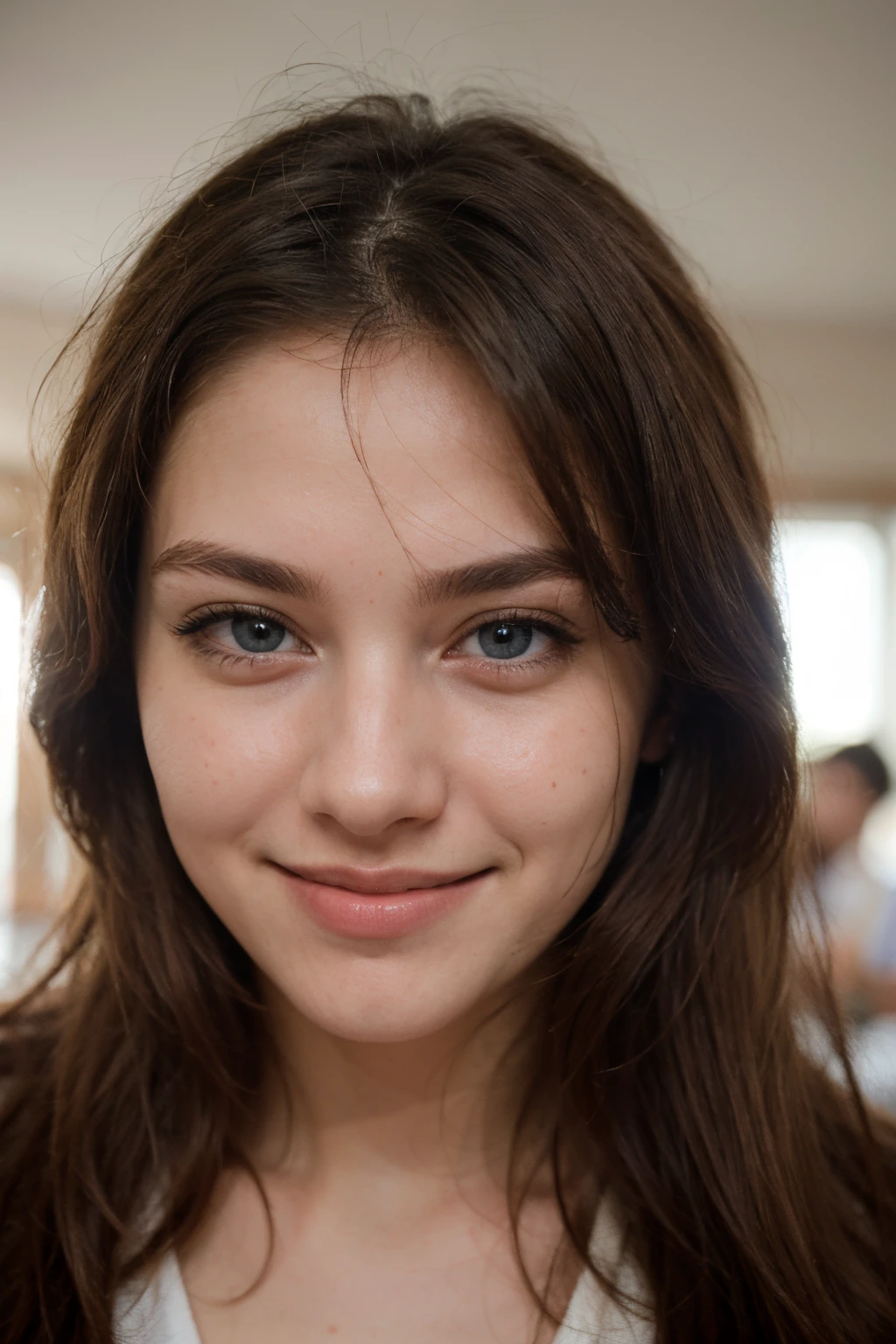 ((best quality)), ((masterpiece)), (detailed), perfect face, age about 20 years old, 1 girl, blue eyes, brown hair, smiling face, flowing long hair