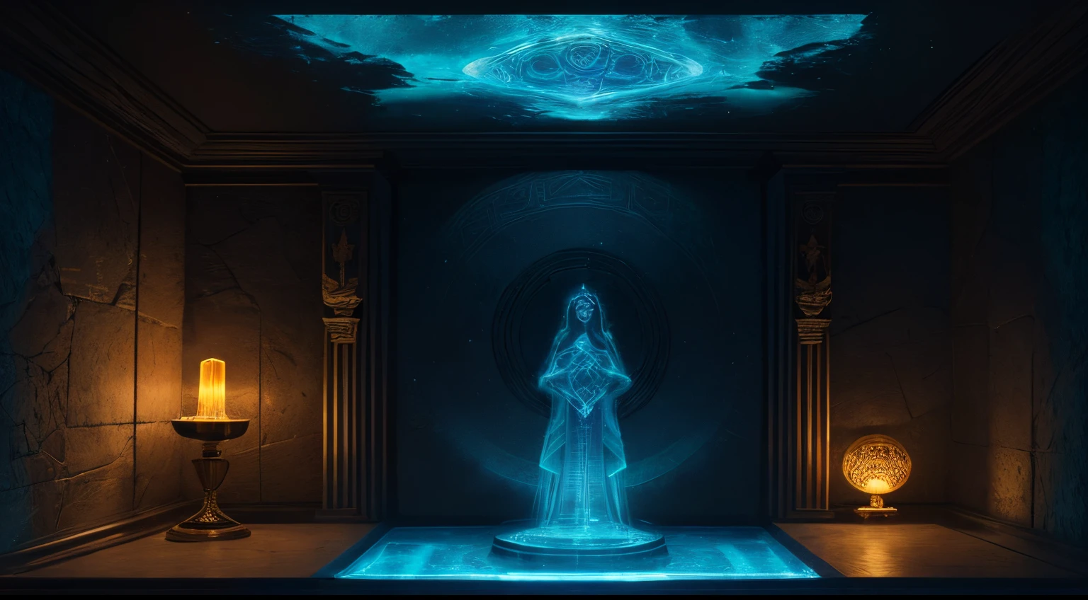 best quality,ultra-detailed,highres,realistic,glowing blue hologram of Mayan goddess Ixchel,emerging from stone chamber,crystal control panel,ancient mystery,vibrant colors,ethereal beauty,magical atmosphere,translucent appearance,illuminating the surroundings,golden accents,enigmatic allure,mythical powers,ancient civilization,divine entity,historical significance,embodying wisdom and fertility,majestic presence,sacred symbol,mesmerizing holographic projection,luminous radiance,magic infused technology,connecting past and present,awe-inspiring,divine guidance