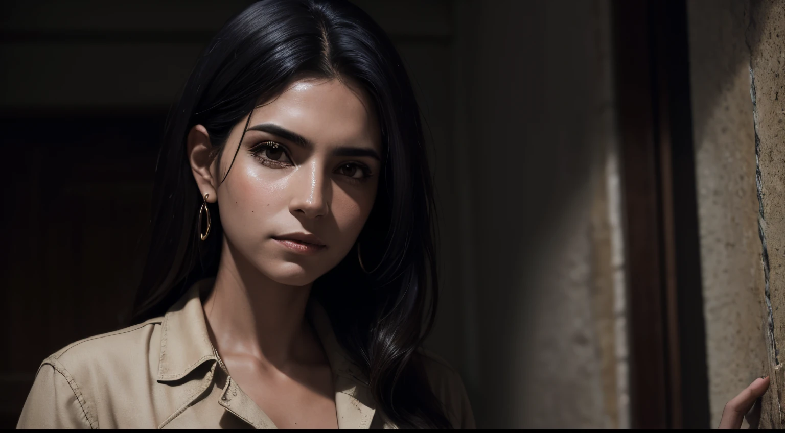 (best quality,realistic,highres:1.2),ultra-detailed,professional,waist-up portrait of Dr. Ana Escobar, a South American female archaeologist. She has long black hair flowing down to her shoulders and intense brown eyes that reflect her passion for discoveries. Her facial features are finely detailed, capturing the nuances of her expressions. Dr. Escobar is wearing a dusty beige shirt that adds to the sense of adventure and exploration. The lighting accentuates her features, creating shadows that enhance her captivating presence. The artwork is created using a medium that combines photorealistic painting and digital techniques, resulting in a masterpiece that showcases the rich details and textures of the subject. The colors in the portrait are warm and earthy, reflecting the archaeological context in which Dr. Escobar works.