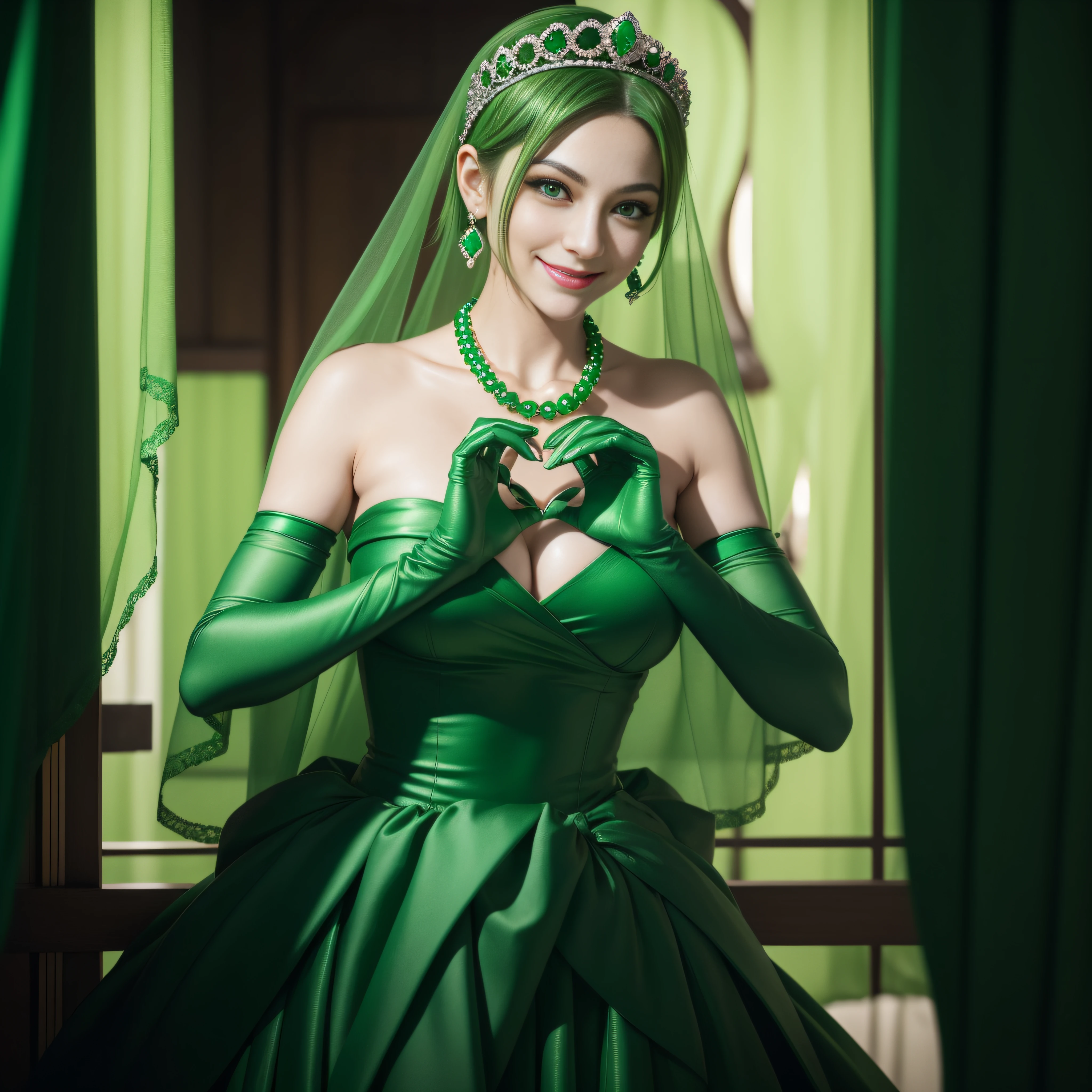 emerald tiara, Green Pearl Necklace, Boyish very short green hair, lipsticks, Japan woman smiling, very short short hair, big breasts beautiful, Green eyes, Long green gloves made of satin material, Green eyes, Emerald Earrings, green vale, Heart with both hands, Green hair